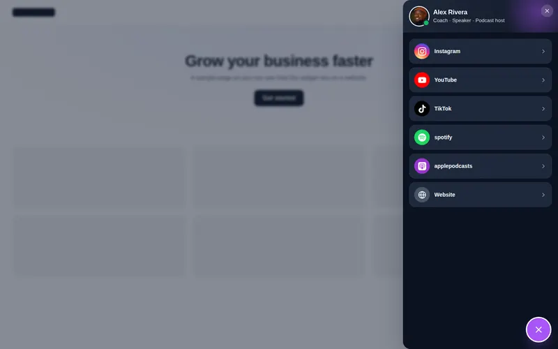 Creator link-in-bio drawer floating widget open on a sample website