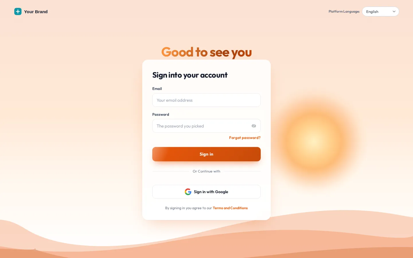 GoHighLevel login page restyled with the Sunrise hills animated design