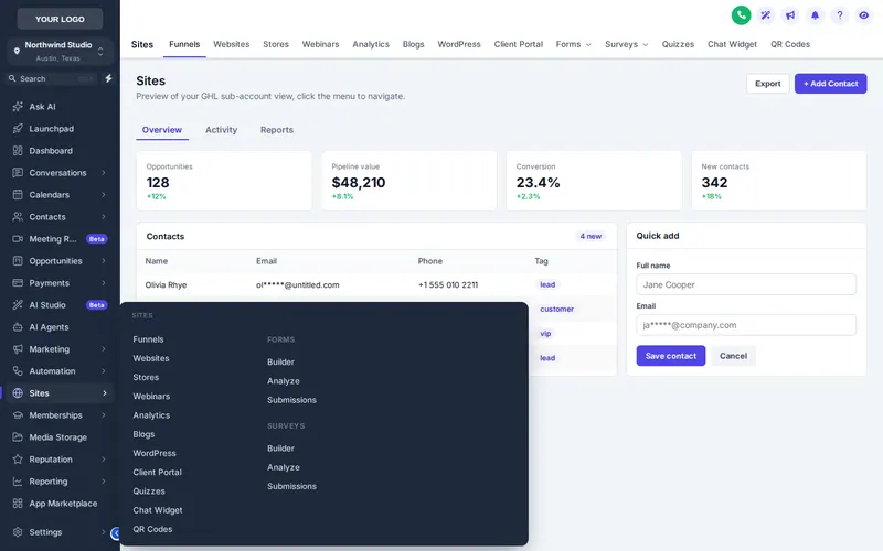 GoHighLevel sidebar with a mega menu panel open over the Sites section