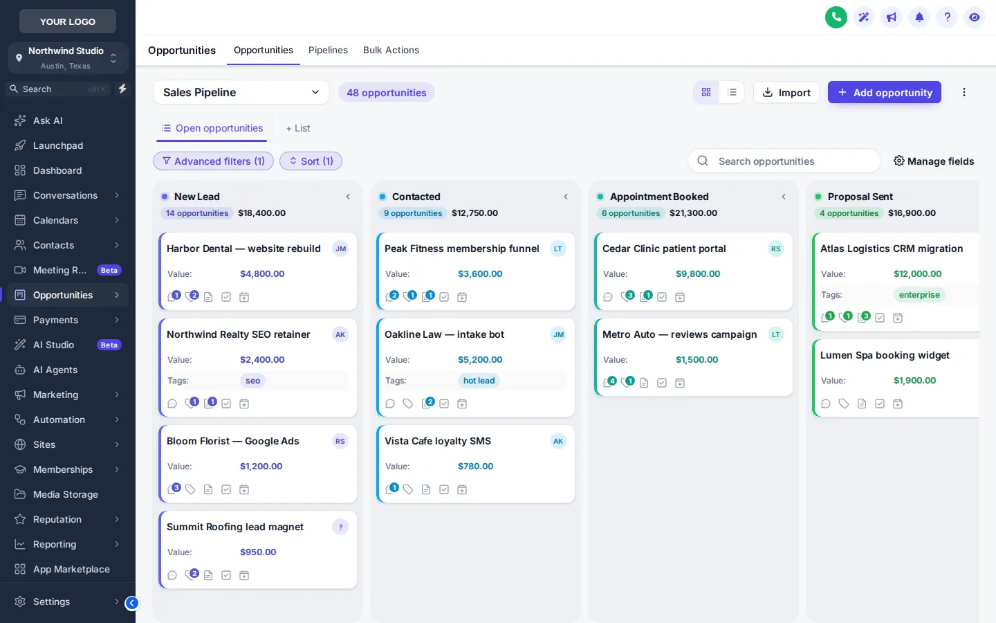 GoHighLevel opportunities board in the Clean Light design with a colour dot per stage