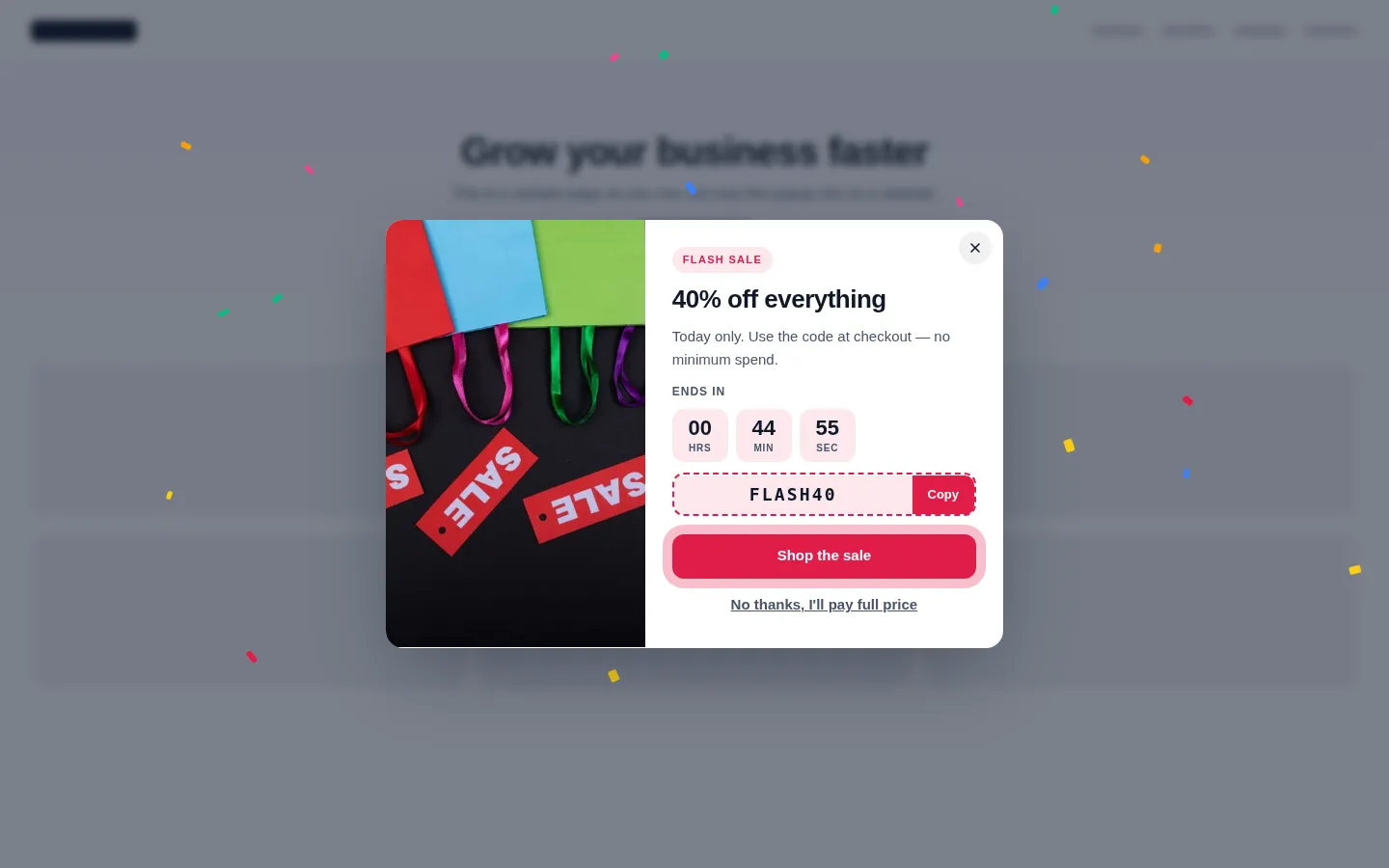 Flash sale popup with a countdown timer over a sample website