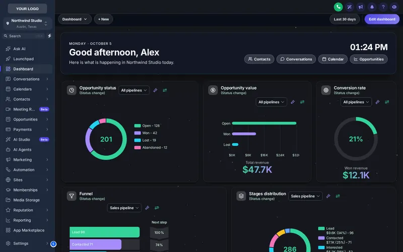 GoHighLevel dashboard in dark mode with the Slate Corporate theme, the Glass UI kit and a dark dashboard design