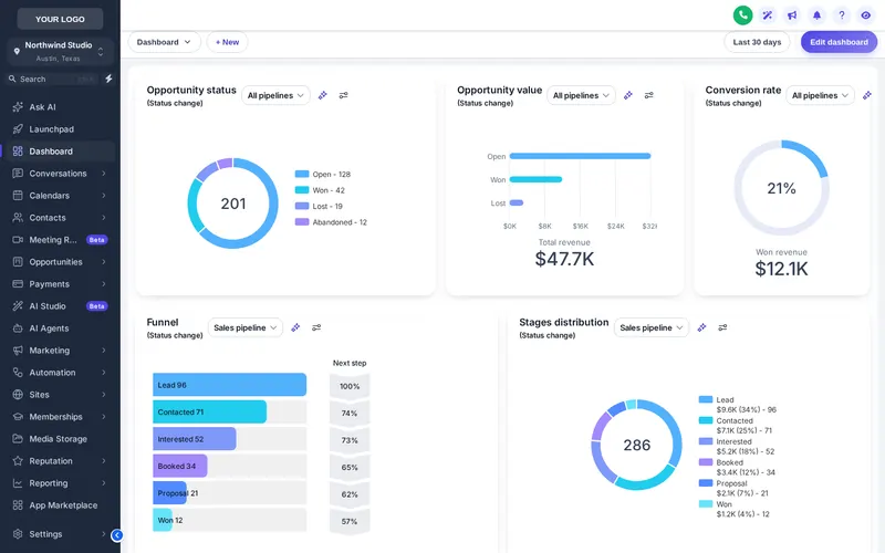 GoHighLevel sub-account restyled with the Slate Corporate theme and the Glass UI kit